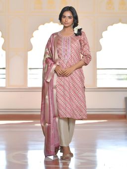 Vaasva Jaipur - Women Pale Pink Silk Digital Printed Kurta with Pant and Dupatta (Set of 3)