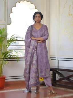 Vaasva Jaipur - Women Purple Grey Silk Digital Printed Kurta with Pant and Dupatta (Set of 3)