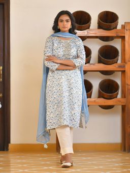 Vaasva Jaipur - Women Cream Cotton Embroidered Kurta with Pant and Dupatta (Set of 3)