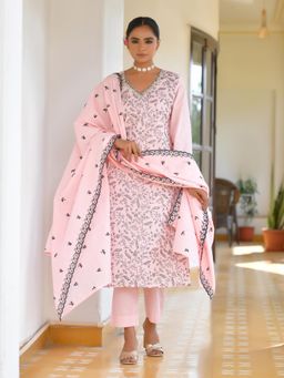 Vaasva Jaipur - Women Cotton Solid Candy Embroidered Kurta with Pant and Dupatta (Set of 3)