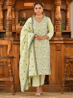 Vaasva Jaipur - Women Cotton Solid Pista Embroidered Kurta with Pant and Dupatta (Set of 3)