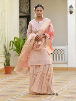 Vaasva Jaipur - Women Apricot Chanderi Kurta with Sharara and Dupatta (Set of 3)