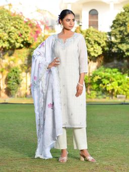 Vaasva Jaipur - Women Grey Green Linen Kurta with Pant and Dupatta (Set of 3)