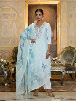 Vaasva Jaipur - Women Blue Linen Kurta with Pant and Dupatta (Set of 3)