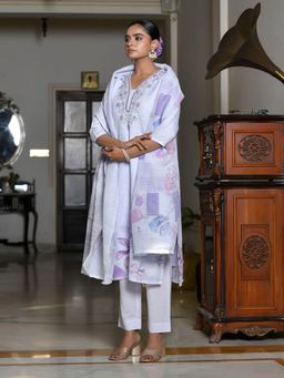 Vaasva Jaipur - Women Lilac Linen Kurta with Pant and Dupatta (Set of 3)