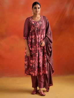 Jaipur Kurti - Floral Printed Embroidered Anarkali Kurta with Pant and Dupatta (Set of 3)