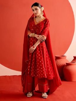 Jaipur Kurti - Bandhani Embroidered Anarkali Kurta with Trouser and Dupatta (Set of 3)