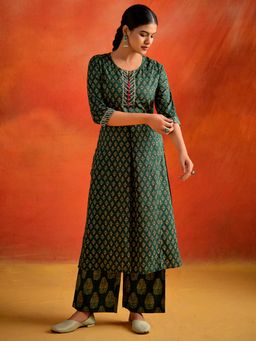 Jaipur Kurti - Dark Ethnic Motif Printed Straight Kurta with Palazzo (Set of 2)
