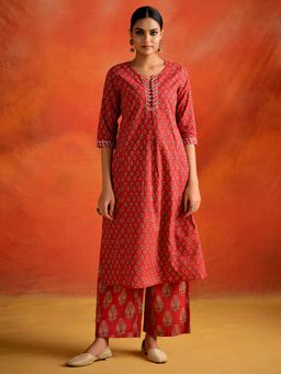 Jaipur Kurti - Ethnic Motif Printed Straight Kurta with Palazzo (Set of 2)