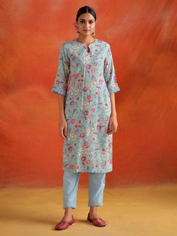 Jaipur Kurti - Floral Printed Straight Kurta with Pant (Set of 2)