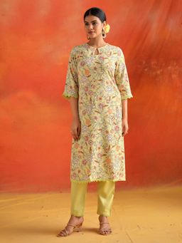 Jaipur Kurti - Floral Printed Straight Kurta with Pant (Set of 2)