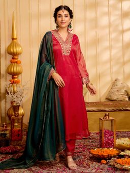 Jaipur Kurti - Solid Embroidered Straight Tissue Kurta with Trouser and Dupatta (Set of 3)