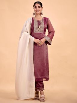 Jaipur Kurti - Zari Embroidered Tissue Silk Festive Kurta with Pant and Dupatta (Set of 3)