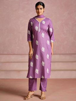 Jaipur Kurti - Purple Thread Embroidered Cotton Kurta with Pant and Dupatta (Set of 3)