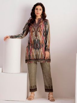 Jaipur Kurti - Ethnic Motifs Embroidered Straight Wool Blend Co-Ord (Set of 2)