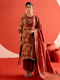 Jaipur Kurti - Floral Embroidered A-Line Tissue Kurta with Trouser and Dupatta (Set of 3)