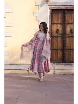 ASRUMO - Pink Mint Jaali Patels Anarkali Kurta with Pant and Dupatta (Set of 3)