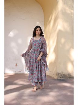 ASRUMO - Blue Red Jaali Patels Anarkali Kurta with Pant and Dupatta (Set of 3)
