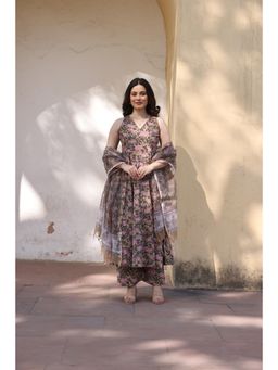 ASRUMO - Green Pink Jaali Patels Anarkali Kurta with Pant and Dupatta (Set of 3)