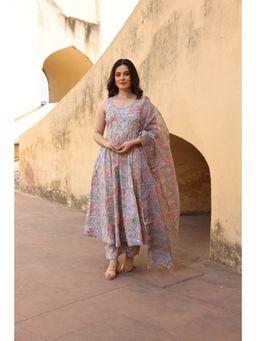 ASRUMO - Sky Pink Jaali Patels Anarkali Kurta with Pant and Dupatta (Set of 3)