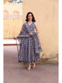 ASRUMO - Blue Pink Jaali Patels Anarkali Kurta with Pant and Dupatta (Set of 3)