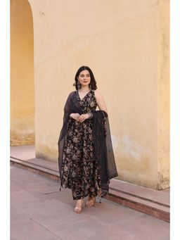 ASRUMO - Black Red Jaali Patels Anarkali Kurta with Pant and Dupatta (Set of 3)
