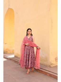 ASRUMO - Pink Red Jaali Patels Anarkali Kurta with Pant and Dupatta (Set of 3)