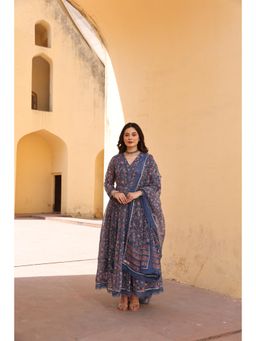 ASRUMO - Blue Doriya Jaali Pink Anarkali Kurta with Pant and Dupatta (Set of 3)