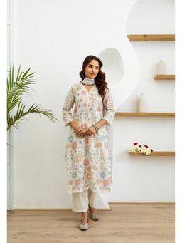 Nehamta - Women Beige Cotton Kurta with Pant and Dupatta (Set of 3)