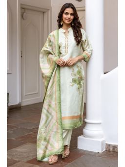 Nehamta - Women Green Chanderi Kurta with Palazzo and Dupatta (Set of 3)