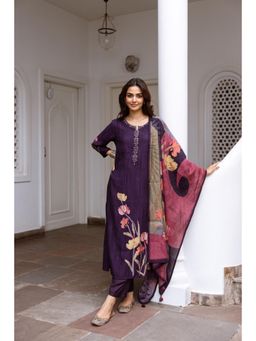 Nehamta - Women Purple Viscose Muslin Kurta with Pant and Dupatta (Set of 3)