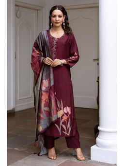Nehamta - Women Brown Viscose Muslin Kurta with Pant and Dupatta (Set of 3)