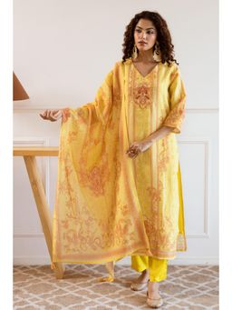 Nehamta - Women Yellow Modal Shimmer Kurta with Pant and Dupatta (Set of 3)