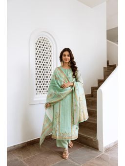 Nehamta - Women Turquoise Modal Shimmer Kurta with Palazzo and Dupatta (Set of 3)