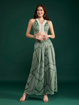 Gajra Gang - Olive Georgette Print Crop Top & Pant Trousseau Tijori (Set of 2)