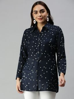 SHOWOFF - Women Slim Fit Regular Sleeves Navy Blue Polka Dots Shirt