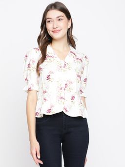 Latin Quarters - Women Ivory Floral Puff Sleeve Blouse