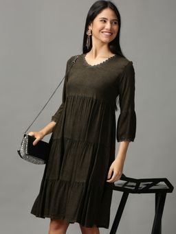 SHOWOFF - Womens V-neck Knee Length Coffee Brown Solid Dress