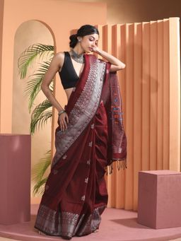 Beatitude - Maroonish Red Woven Linen Saree