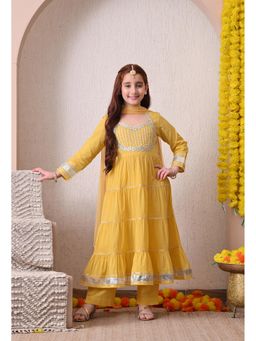 Indi-Loom Couture - Girls Yellow Anarkali Tiered Kurta Set with Dupatta