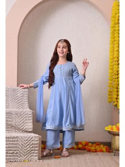 Indi-Loom Couture - Girls Blue Kurta with Trousers and Dupatta