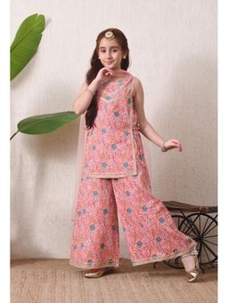 Indi-Loom Couture - Girls Peach Floral Printed Kurta Palazzo Set with Dupatta
