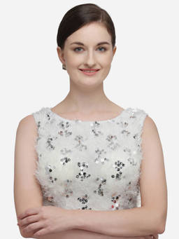 Amrutam Fab - Womens Sequences White Silk Stiched Blouse With Boat Neck