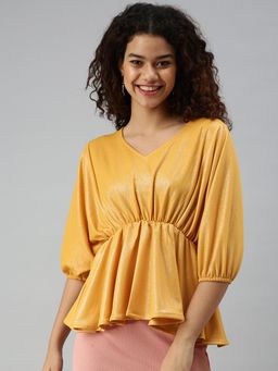 SHOWOFF - Women V-Neck Balloon Sleeve Textured Mustard Top