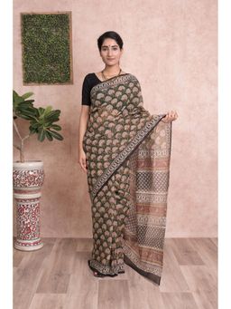 KISHORI - Bagru Print Kalamkari Kota Doria Saree with Mulmul Cotton Unstitched Blouse - Green