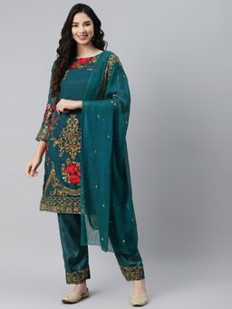 Readiprint - Teal Georgette Straight Style Unstitched Dress Material (Set of 3)