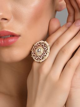 Fida - Handmade Bridal Gold -Plated Floral Maroon Meenakari Pearl Kundan Ring for Women