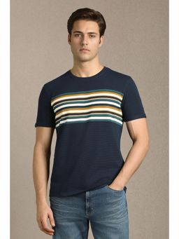 Louis Philippe - Navy Blue Stripes Half Sleeves Slim T-Shirt
