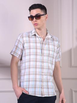CRIMSOUNE CLUB - Beige Checks Half Sleeves Slim Shirt