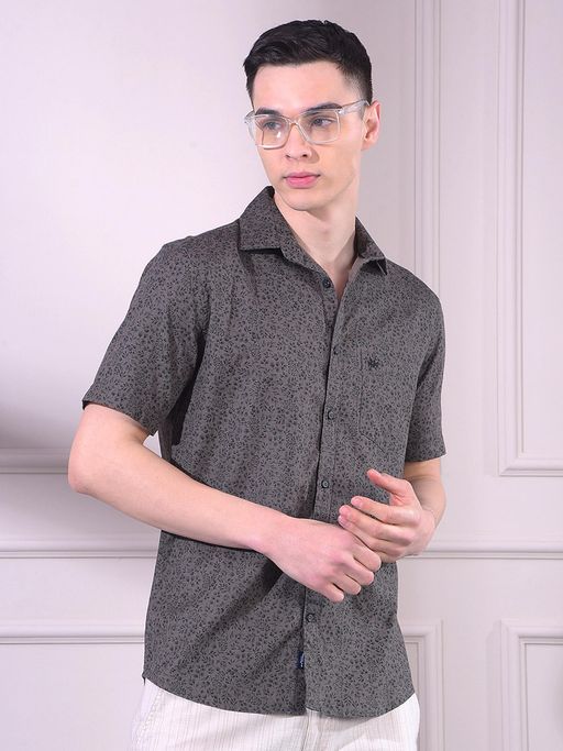 CRIMSOUNE CLUB Grey Printed Half Sleeves Slim Shirt